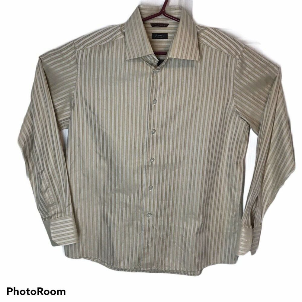 Eton Button Up Shirt 17.5 Gold w/ White Stripes